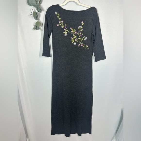 NWT Nina Leonard | Wool Maxi Length Dress Floral Embroidery 3/4 Sleeves Size XS - Picture 1 of 12